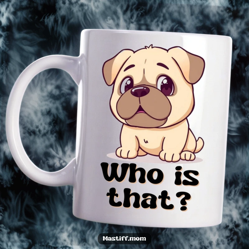 Funny Kawaii Mastiff Mug, looking surprised at its own reflection, showcasing comical self-awareness. A humorous and relatable gift for dog enthusiasts.