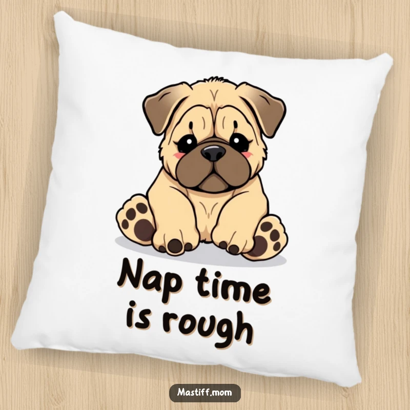 Funny Kawaii Mastiff puppy tripping over its giant paws, rendered on a soft, decorative pillow, a plush funny gift.