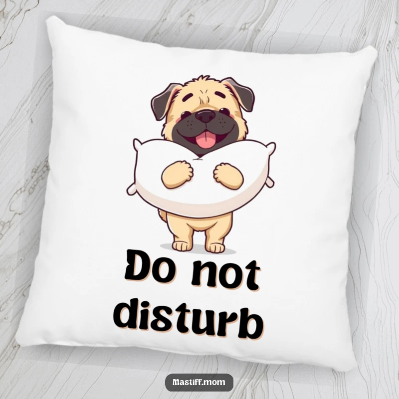 Funny Mastiff pillow decor featuring a joyous dog carrying a large, squishy pillow, embodying ultimate comfort.