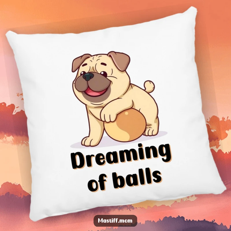 Funny happy Mastiff dog pillow, soft and decorative, featuring a gentle dog nudging a ball.