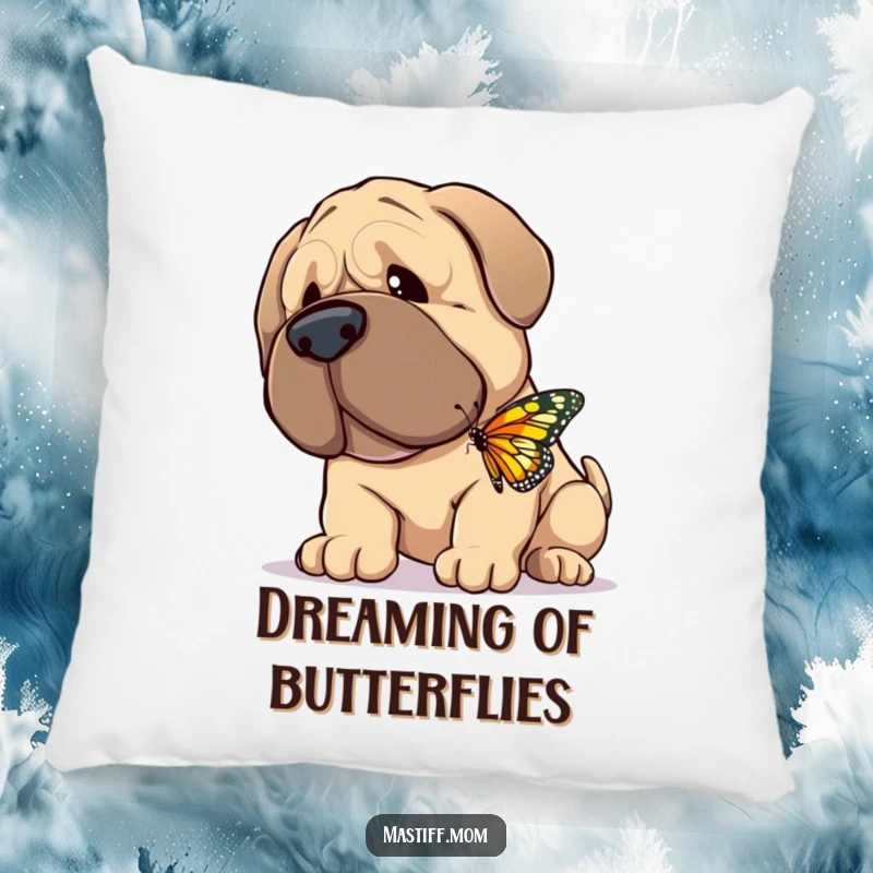 Funny Pillow showing a giant, gentle Mastiff happily nuzzling a tiny, fluttering butterfly, adding a touch of tender charm.