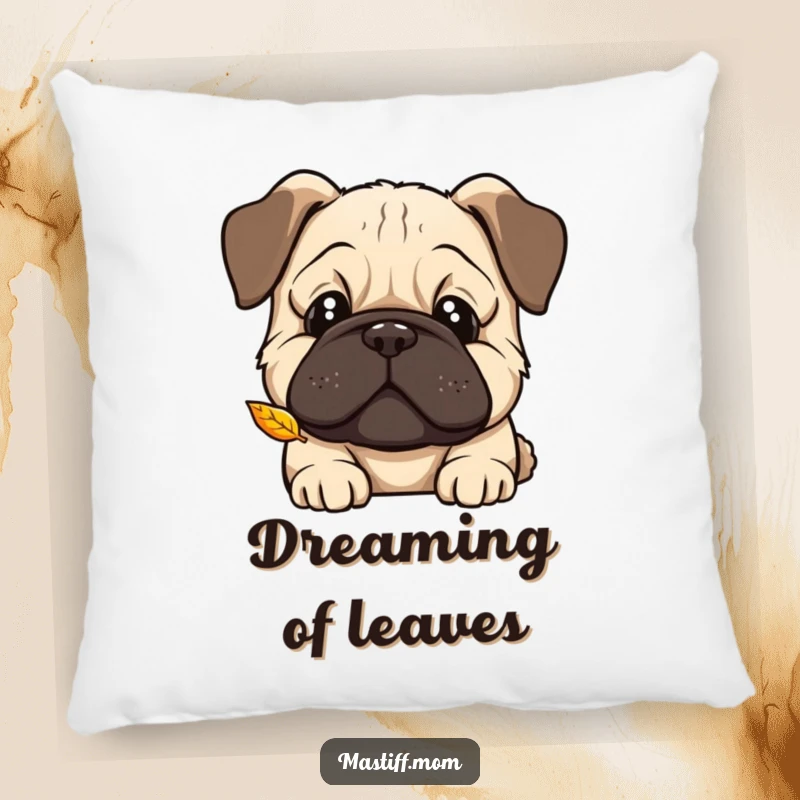 Funny Kawaii Mastiff pillow, curious head tilt, watching a falling leaf, providing soft comfort with a heartwarming, humorous design.