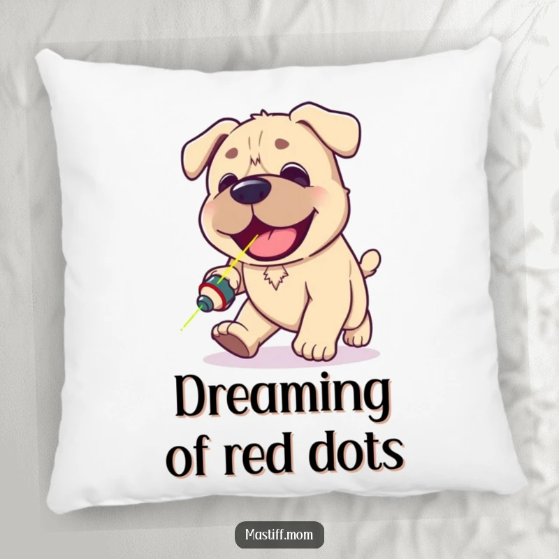 Funny Kawaii Mastiff pillow designed with a happy panting dog adorably chasing a red laser pointer dot, perfect for cozy relaxation.