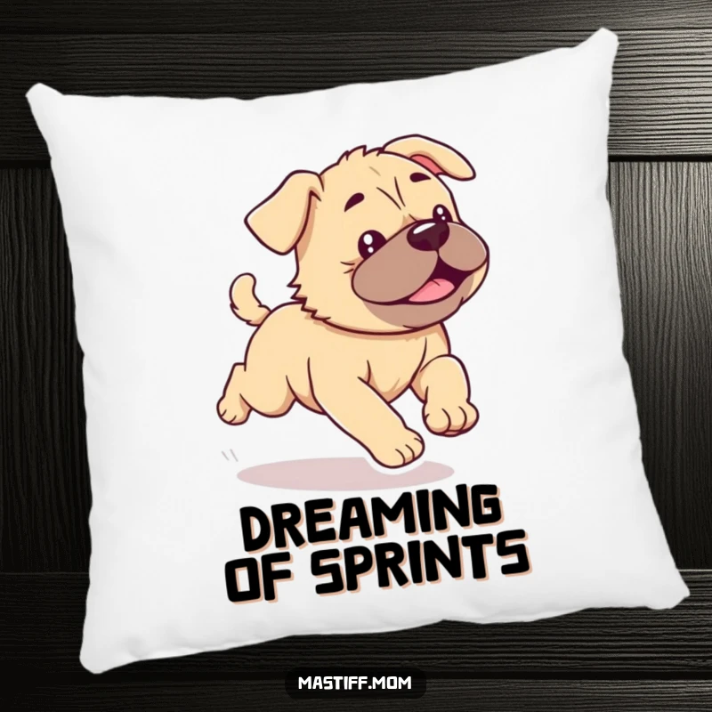 Funny Kawaii Mastiff Puppy Pillow featuring a cute, energetic dog running with wiggles, adding comfort and joy.