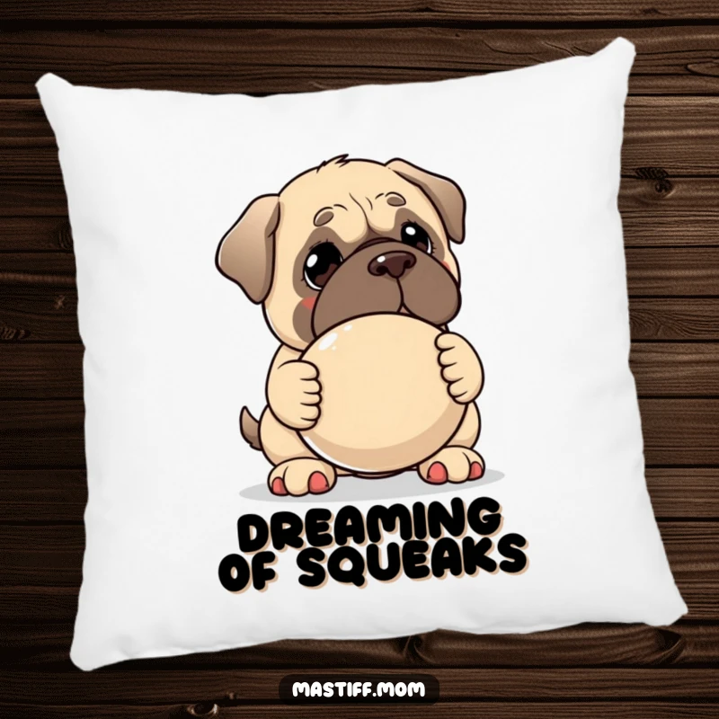 Funny Kawaii Mastiff pillow, depicted with a gentle expression holding a large squeaky toy, offering cozy comfort and sweet charm.