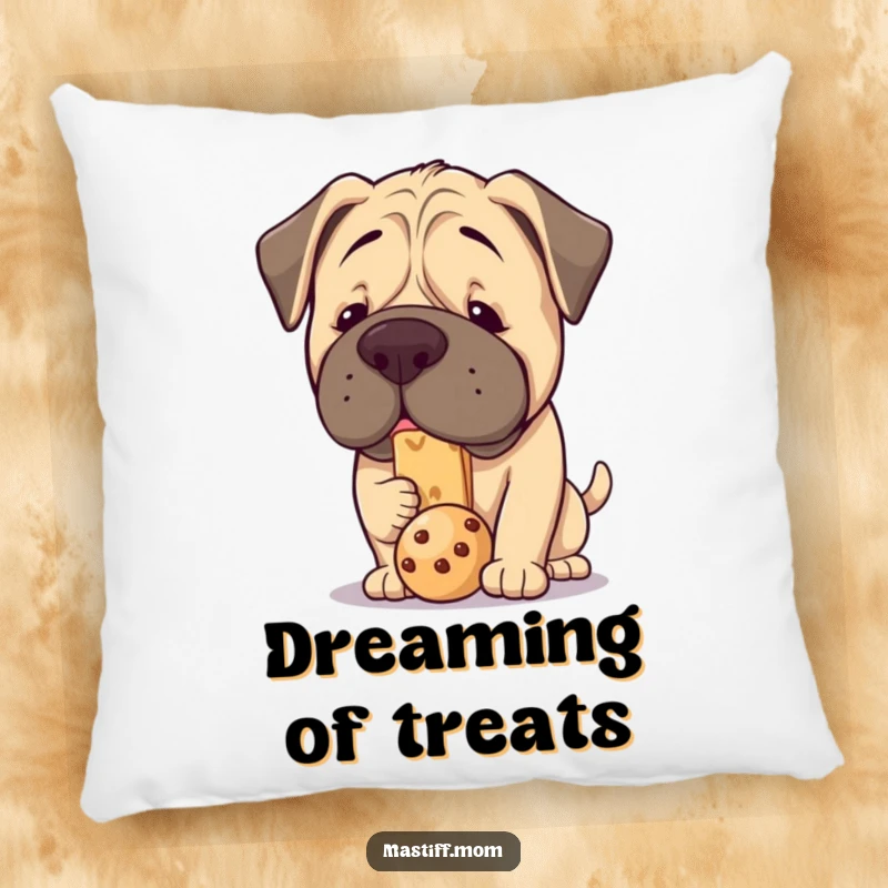 Funny Kawaii Mastiff Pillow: A chubby, adorable dog intensely focused on balancing a treat on its nose, for ultimate comfort and humor.