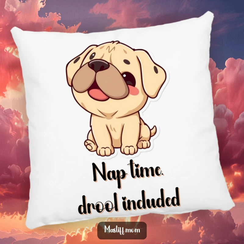Funny Mastiff Pillow designed with a lovable Kawaii dog giving a happy lick; a cute and comfortable home accessory.