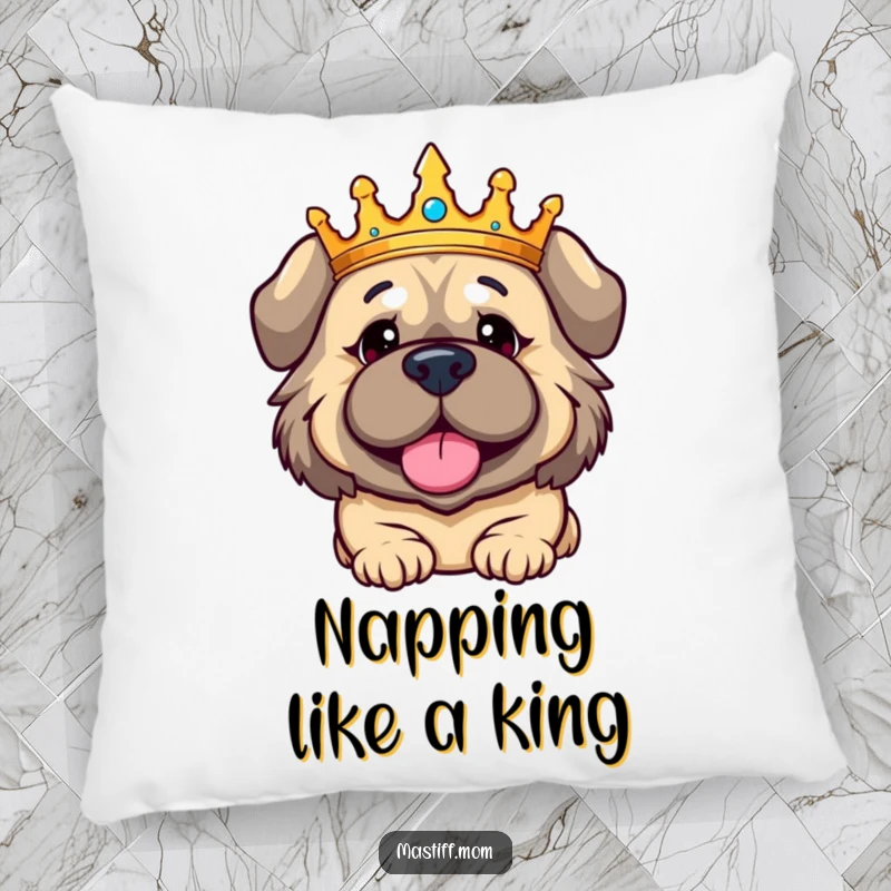 Funny Kawaii Mastiff pillow, depicted crowned and regally amused, offering comfortable support with a touch of sophisticated humor.