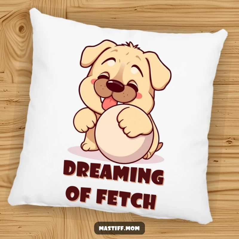 Funny Kawaii Mastiff pillow, showing a joyful dog with a silly grin pushing a big ball, soft and decorative cushion.