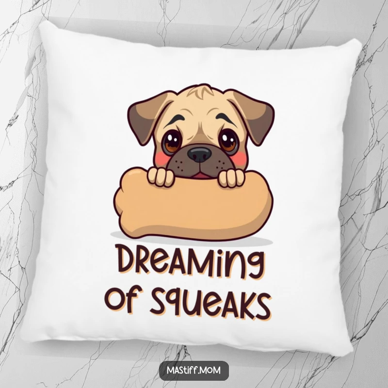 Funny Kawaii Mastiff Puppy Pillow with a cute dog peeking from behind a giant chew toy, offering plush comfort and humor.