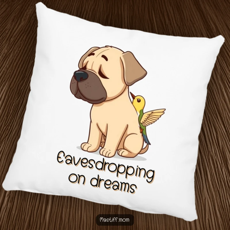 Funny Mastiff Bird Pillow featuring a dog tilting its head, listening intently to a bird. Soft and humorous.