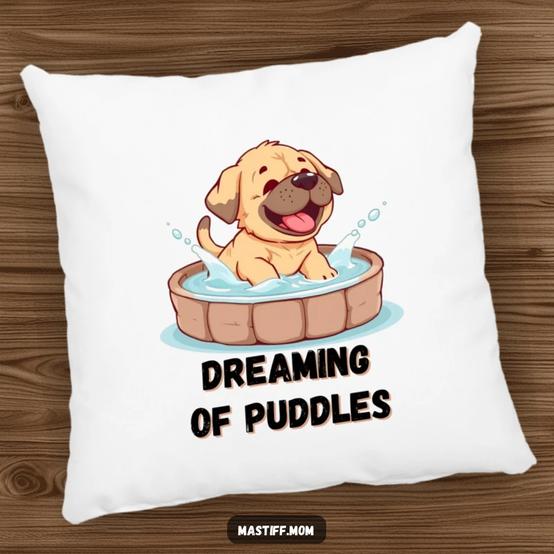 Funny Mastiff cub pillow featuring a puppy giggling and splashing water, perfect for adding a touch of playful comfort.