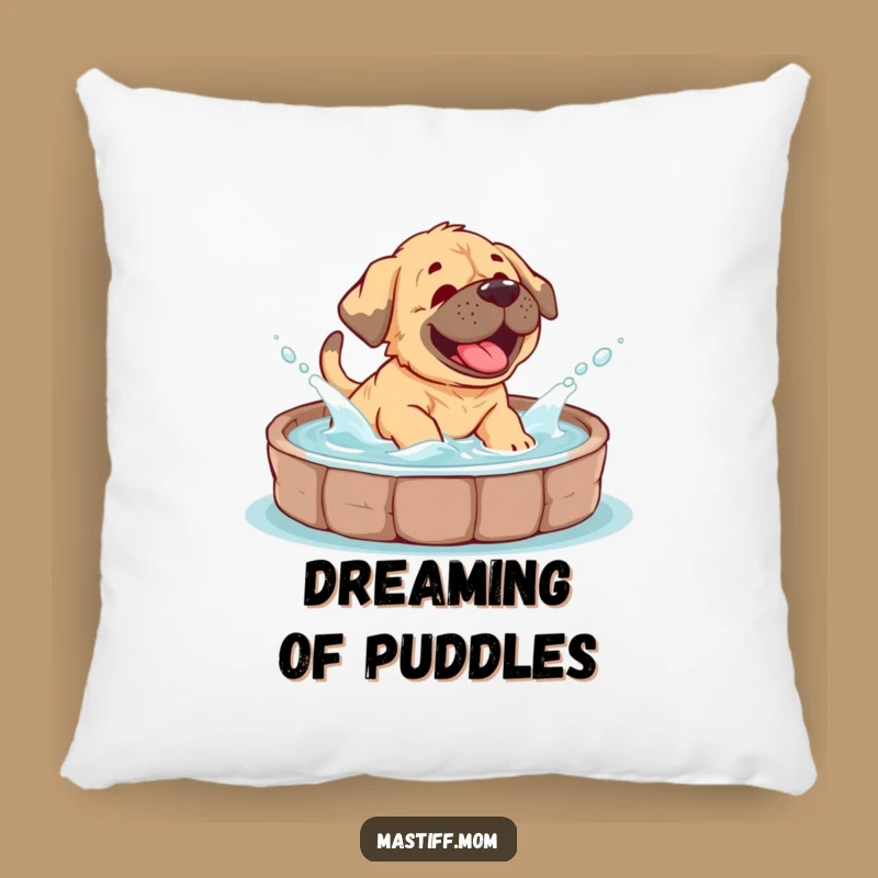 Rest your head on pure puppy joy with this pillow featuring a giggling Mastiff cub splashing in a pool. Comfort meets canine chaos.