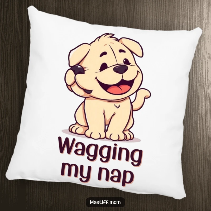 Funny, soft pillow featuring a smiling kawaii Mastiff wagging its tail with immense, joyful power, offering comfort and a smile.