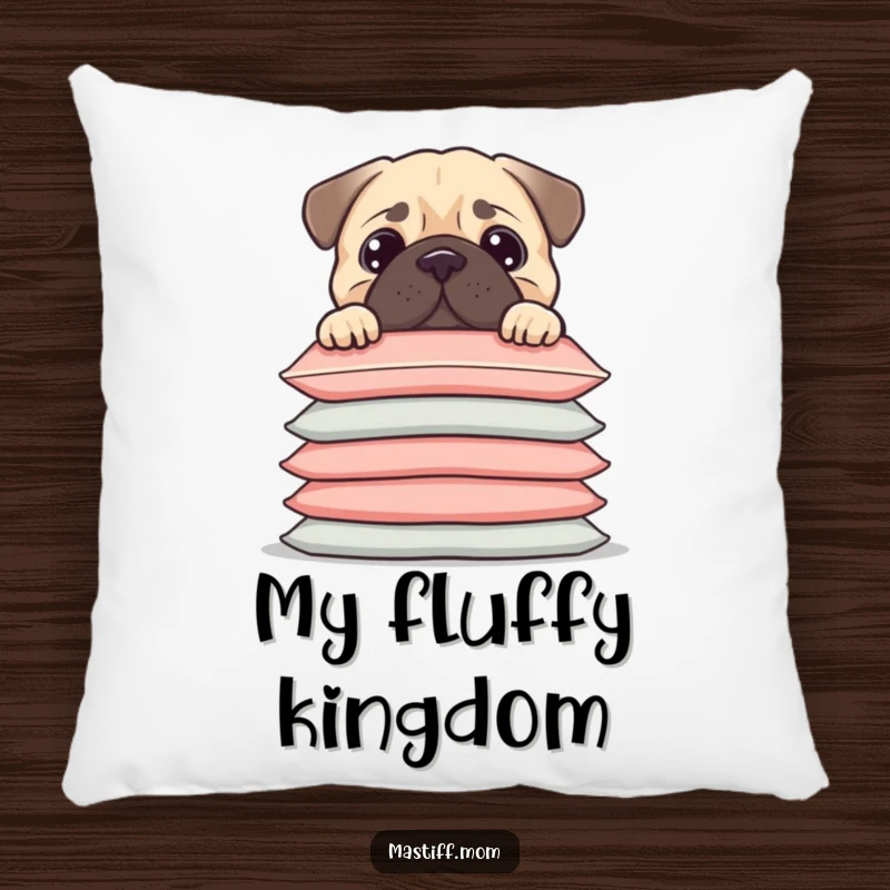 Funny Kawaii Mastiff peeking over a tall stack of cushions, on a soft pillow, a cozy funny gift.