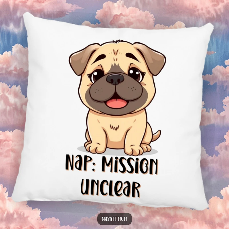 Funny, soft pillow featuring a kawaii Mastiff with a slightly bewildered but happy expression, offering comfort and a cute vibe.