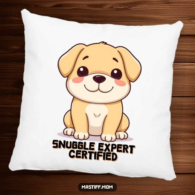 Funny pillow showcasing a large, gentle dog with a soft, serene, and loving smile, offering comforting and humorous decor.
