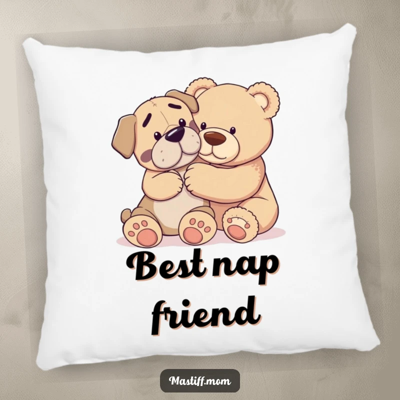 Funny pillow showcasing a Mastiff dog gently nudging a giant teddy bear, offering heartwarming and humorous decor.