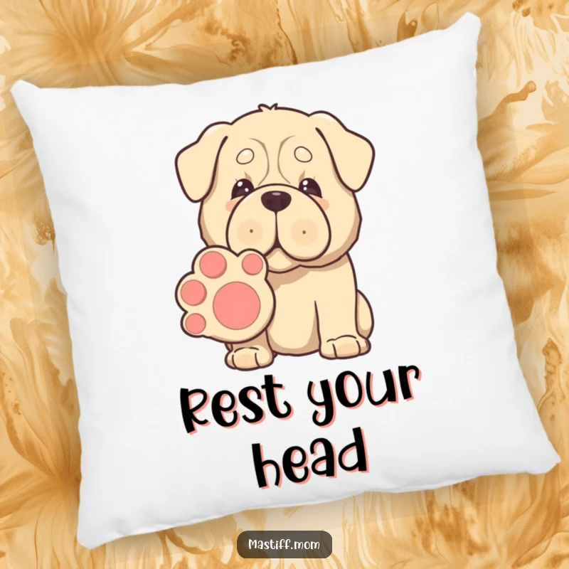 Funny Kawaii Mastiff pillow, gentle eyes, offering a giant paw for shaking, providing soft comfort with a heartwarming, humorous design.