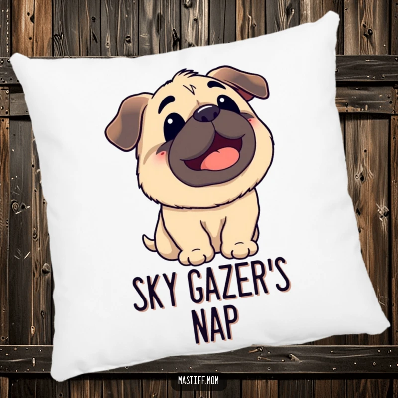 Funny Kawaii Mastiff Panting Looking Up at Sky Pillow, decorative cushion, cute dog art, humorous home decor.