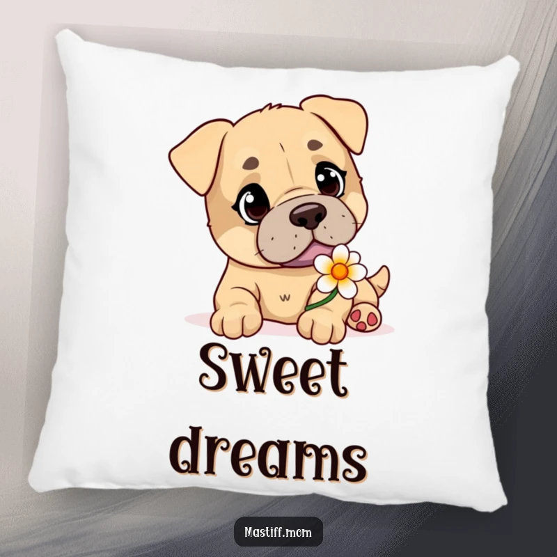 Funny Mastiff pillow decor with a playful, kind-eyed dog gently offering a single, perfect flower.