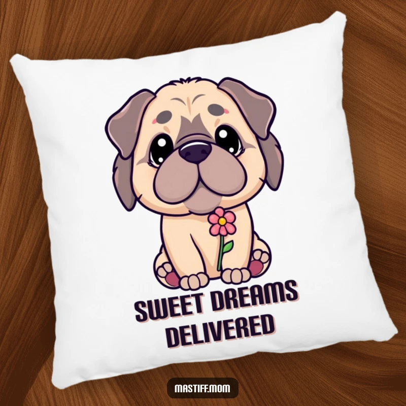 Funny Kawaii Mastiff puppy with a gentle gaze offering a tiny flower, on a soft pillow, a comforting funny gift.