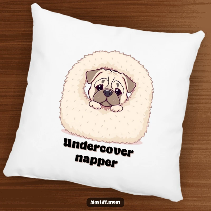 Funny Kawaii Mastiff pillow designed with a curious dog peeking from behind a huge, fluffy blanket, perfect for cozy lounging.