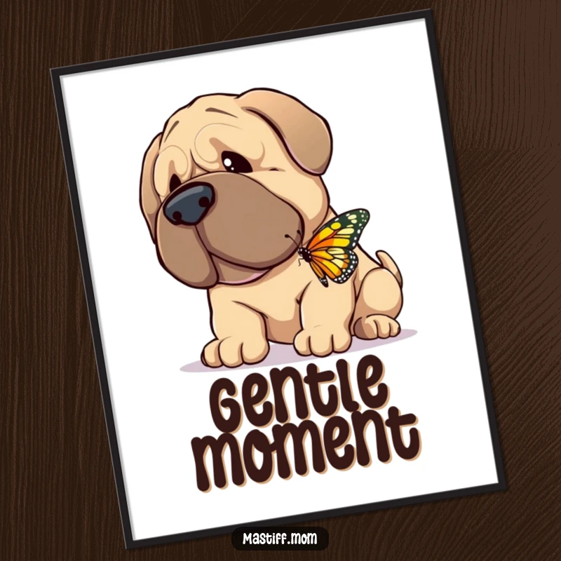 Funny Digital Art Print of a giant, gentle Mastiff happily nuzzling a tiny, fluttering butterfly, embodying sweet, tender beauty.