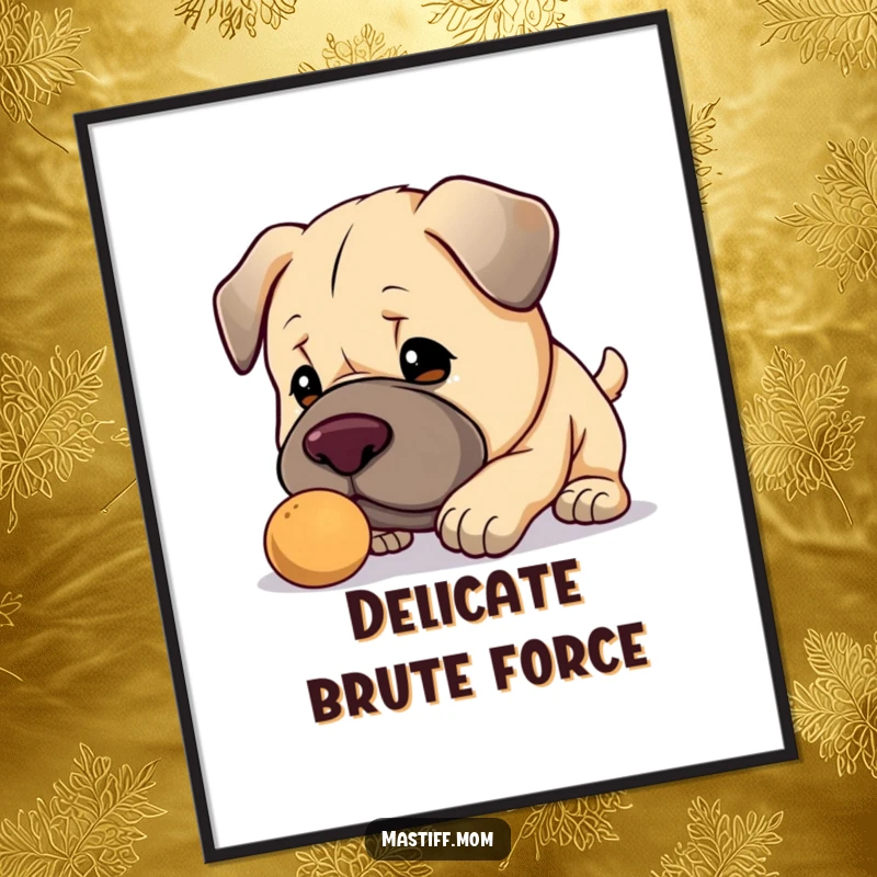 Funny Kawaii Mastiff digital art print, a printable artwork of a cute big dog gently nudging a small object, full of charm.