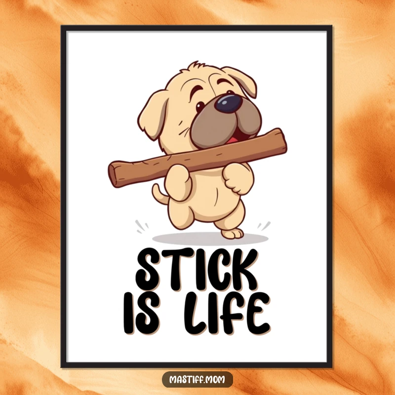 Funny Mastiff Digital Art: A charming kawaii Mastiff actively playing fetch with a humorous giant stick, full of glee.