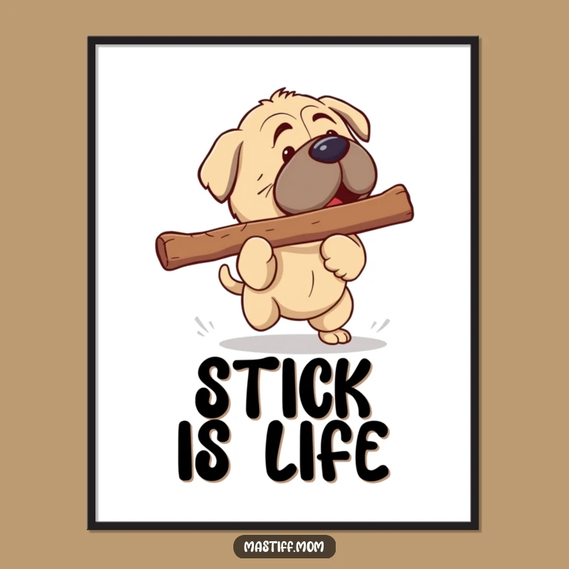 Funny Kawaii Mastiff Digital Art: Giant Stick Fetch Joy - Humorous Dog Print Gift