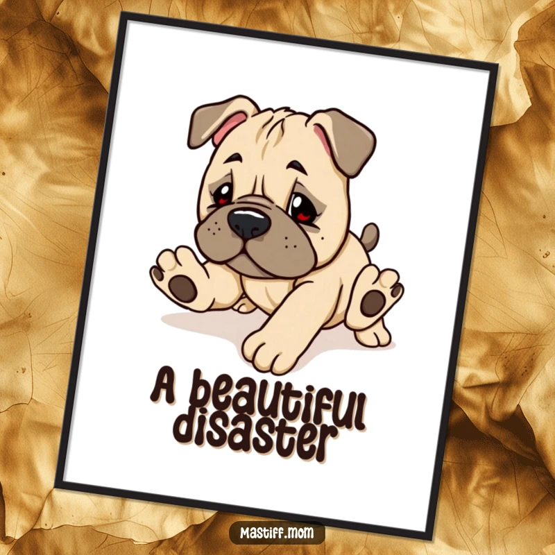 Funny Kawaii Mastiff Puppy Digital Art Print of a cute, clumsy dog tripping, ideal for humorous wall decor.