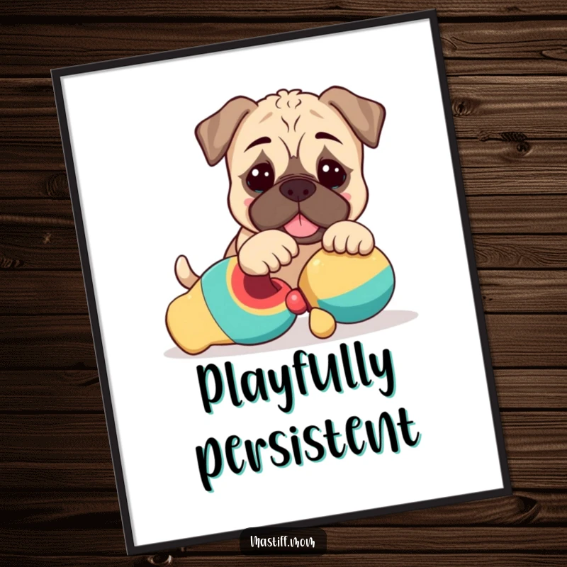 Funny Kawaii Mastiff Puppy Digital Art Print of a cute dog playfully nudging a toy, ideal for charming decor.