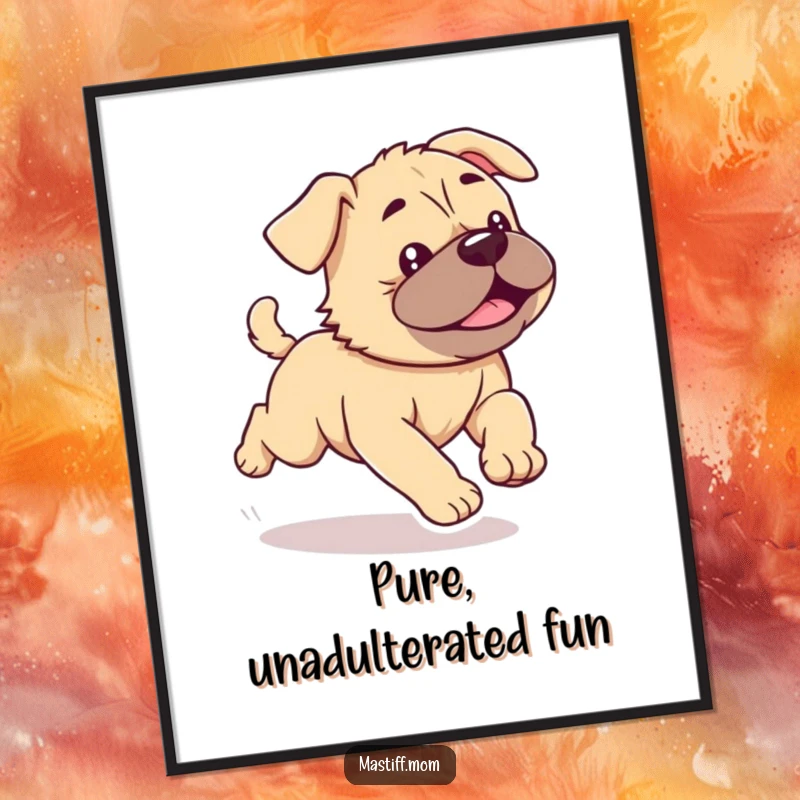 Funny Kawaii Mastiff Puppy Digital Art Print of a cute, energetic dog running with wiggles, ideal for joyful decor.