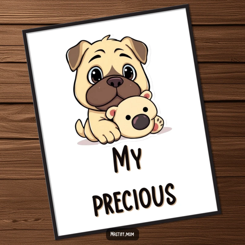 Funny Kawaii Mastiff Watchful Gaze Guarding Plush Toy Digital Art Print, cute dog illustration, loyal puppy, humorous wall art download.