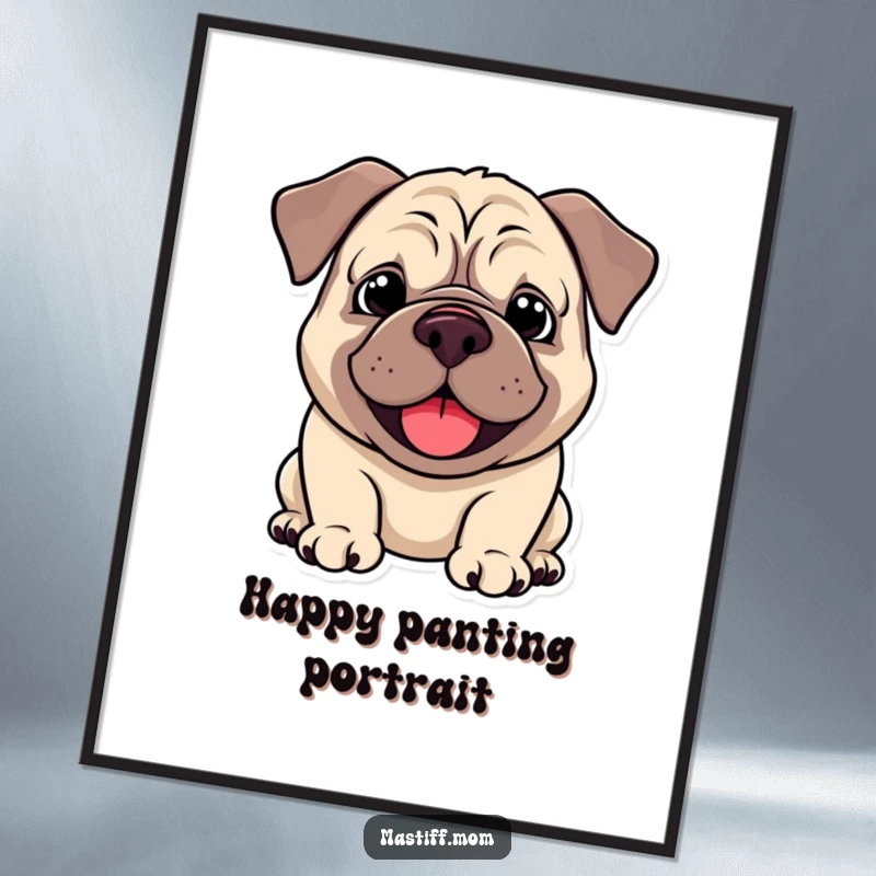 Funny Kawaii Mastiff Digital Art Print, capturing a droopy smile and happy pant, perfect for immediate download. Humorous and joyful artwork.