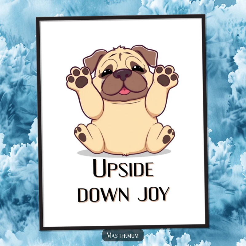 Funny Kawaii Mastiff Rolling Onto Back Paws in Air Digital Art Print, cute dog illustration, silly puppy, humorous wall art download.