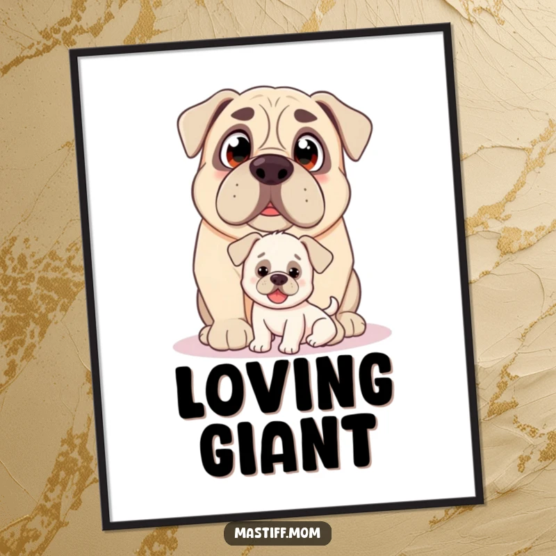 Funny Kawaii Mastiff digital art print, with loving eyes, nudging a small, happy puppy, instant humorous art.