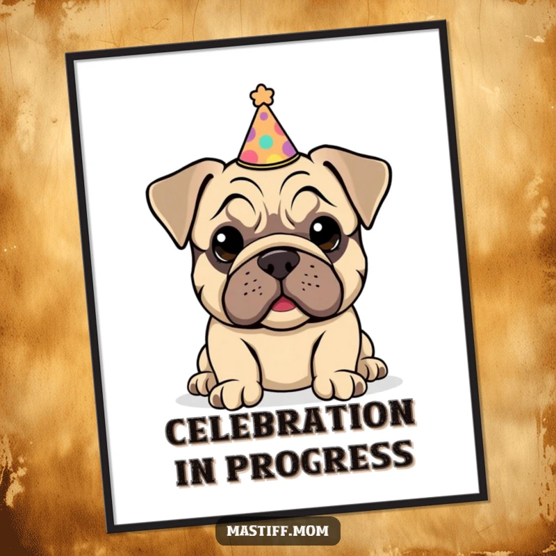 Funny Kawaii Mastiff Puppy Digital Art print of a happy puppy wearing a tiny, slightly crooked party hat with a proud look.
