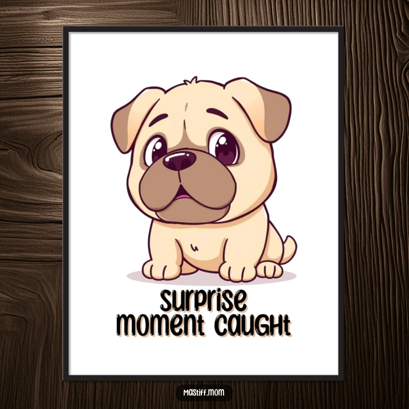 Funny Kawaii Mastiff Digital Art Print, showing a surprised expression at its reflection, perfect for immediate download. Humorous and expressive artwork.