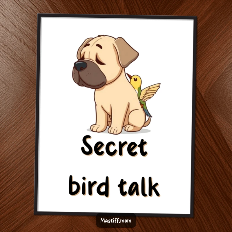 Funny Mastiff Bird Listener Digital Art Print: A dog tilting its head, captivated by a bird's song. Humorous and charming.