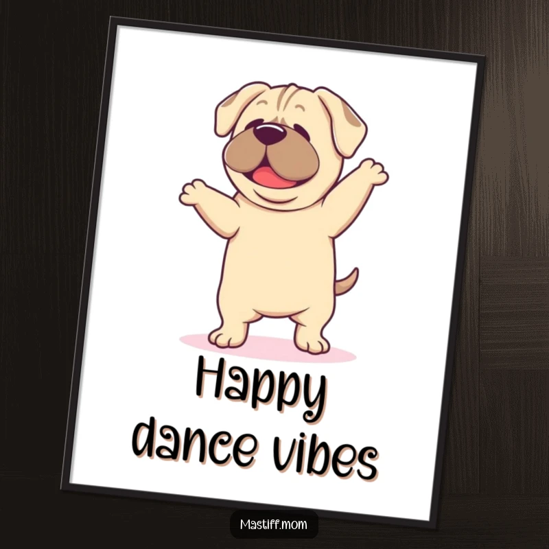 Funny Mastiff Dance Digital Art Print, featuring a kawaii mastiff dancing happily with droopy ears, perfect for instant download and fun decor.
