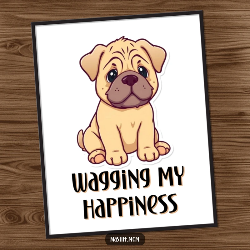 Funny Mastiff Puppy Digital Art: A printable image of a cute kawaii dog sitting with a happy wag.
