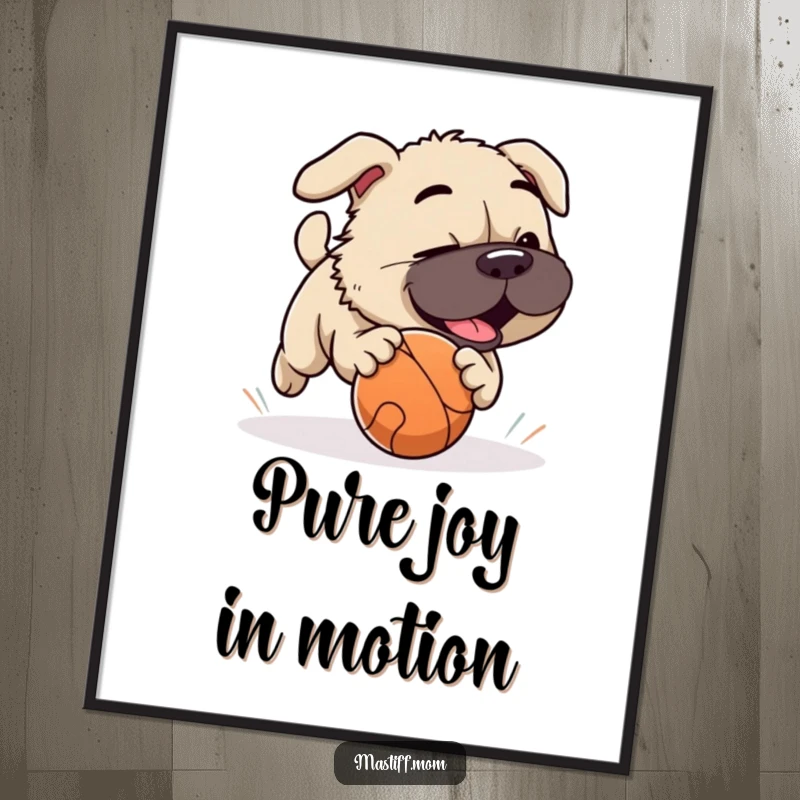 Funny Mastiff dog playfully chasing a rolling ball, energetic and humorous digital art for home decor.