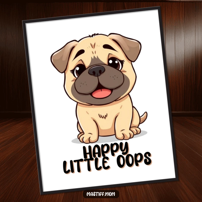 Funny, printable digital art of a kawaii Mastiff with a slightly bewildered but happy expression, perfect for charming wall decor.