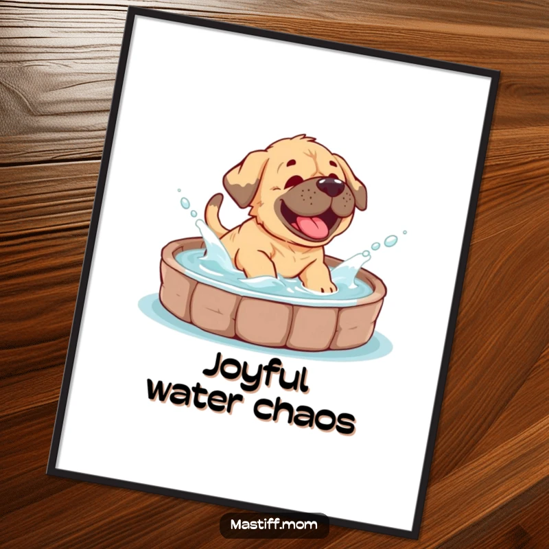 Funny Mastiff cub digital art print of a puppy giggling while splashing water, capturing pure, unadulterated, wet joy.