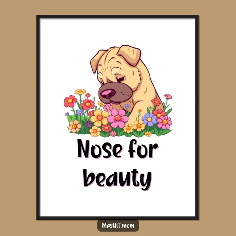 Funny Kawaii Mastiff Digital Art - Cute Flower Sniffing Print Gift
