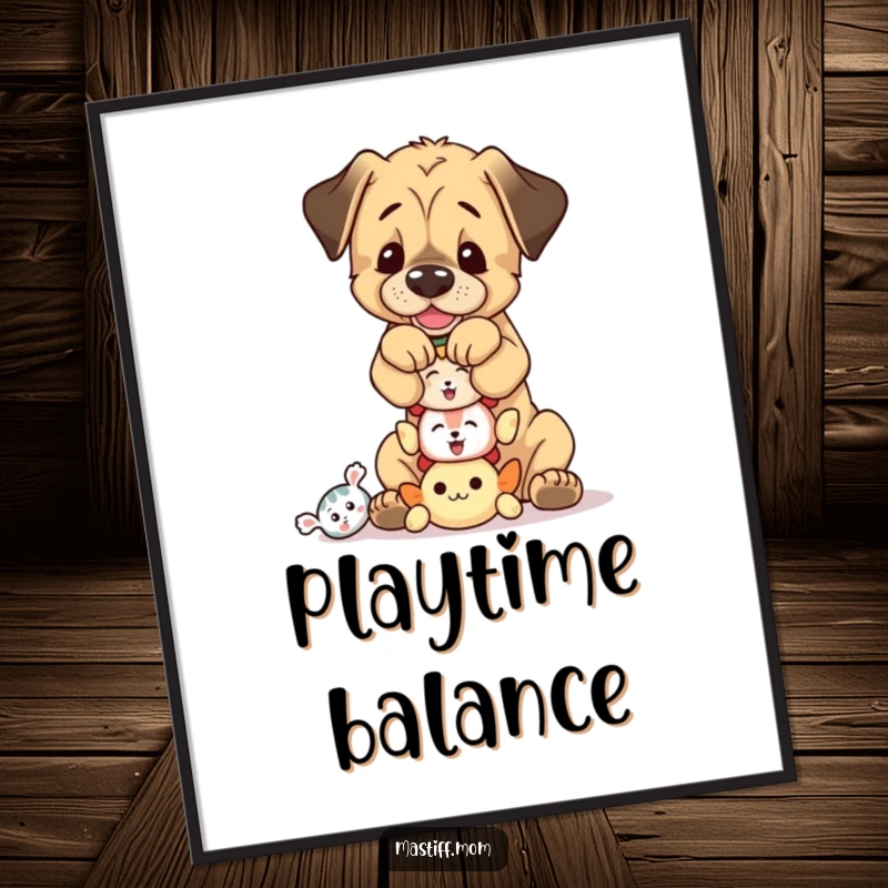 Funny, playful Mastiff cub balancing a stack of tiny squeaky toys, a high-resolution digital art print of pure fun.
