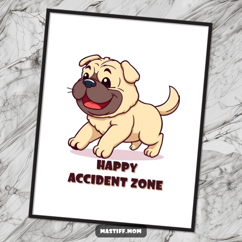 Funny Kawaii Mastiff digital art print of a clumsy joyful dog stumbling with a wagging tail, adding whimsical decor.