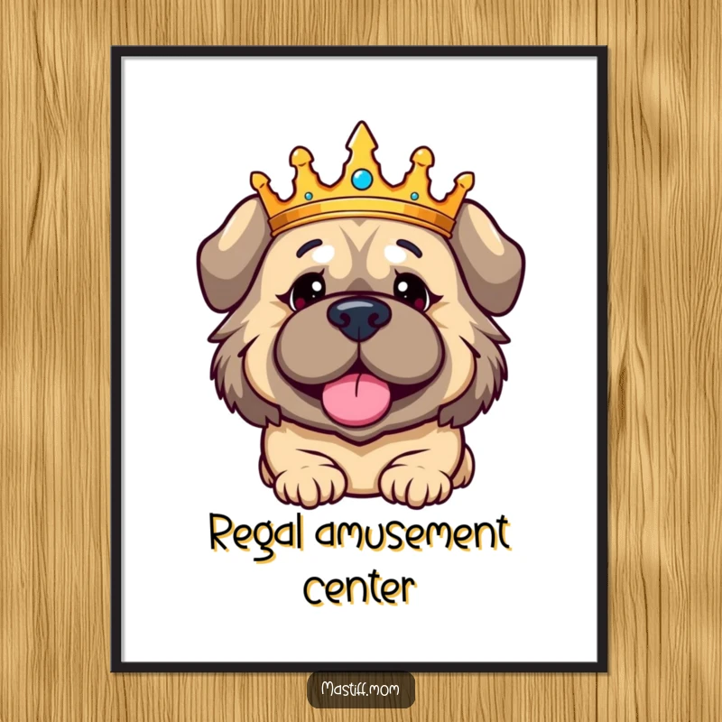 Funny Kawaii Mastiff digital art print, showing a crowned dog with a regally amused expression, high-resolution for sophisticated display.